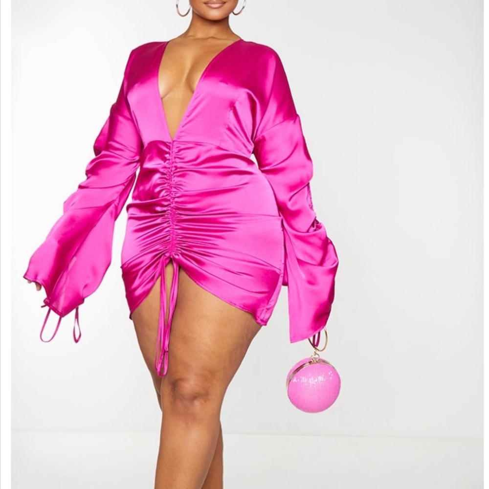 Plus Fuchsia Satin Plunge Ruched Front Dress